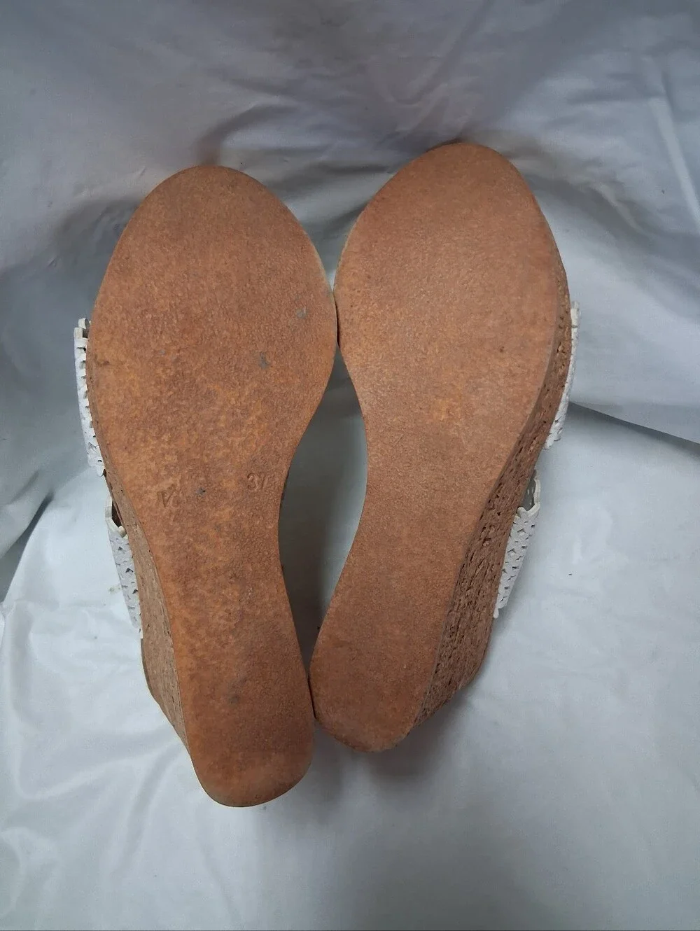 Sbicca White Woven Cork Wedge Slide Sandals Women's Size 6M Preowned